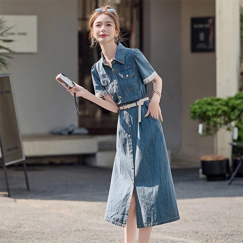 蕾丝拼接收腰牛仔连衣裙女2025夏季复古港风设计感又酷又飒连衣裙,女装连衣裙,E百度