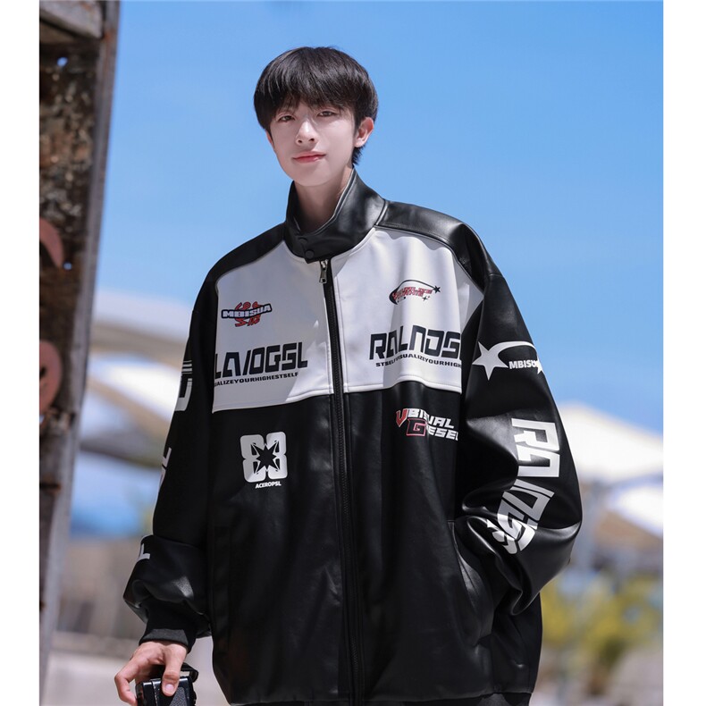 港风秋装2024机车服pu皮衣男情侣宽松夹克秋季大码外套S246P118,男装夹克,电商A233-1