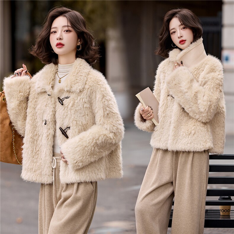 加厚保暖皮毛一体翻领短款外套女2025秋冬季宽松百搭洋气毛毛外套，女装羊羔毛/颗粒绒，冬木谷雨