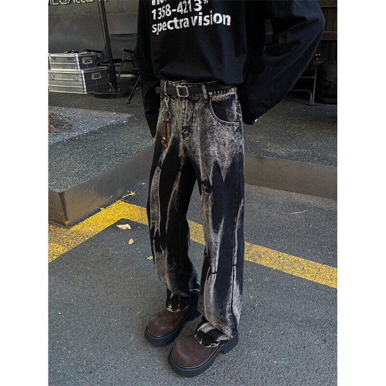 2025新款黑色扎染痞帅炸街微喇直筒弯刀裤街头男现货K8297-P43,男装牛仔裤,星座512-3