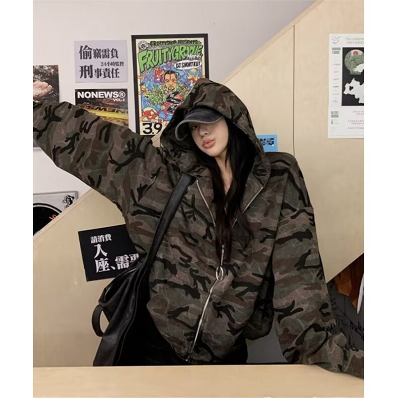 FFY2886-P55美式加绒迷彩连帽短款卫衣女2025秋冬宽松甜酷风外套，女装短外套，电商B323A