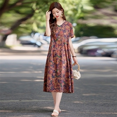 时尚洋气印花棉麻连衣裙女2025夏季新款宽松显瘦减龄休闲气质裙子，女装连衣裙，依万里
