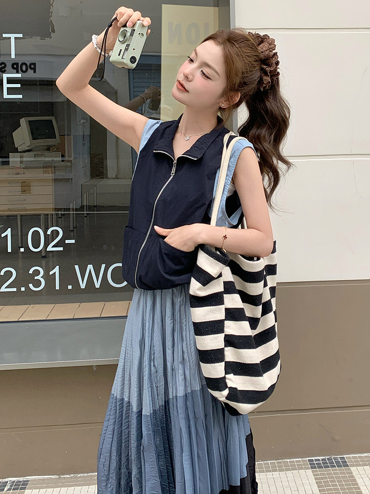撞色拼接马甲百褶半身长裙子套装女夏2025新款时尚气质休闲两件套,女装套装/套裙,浙宝220