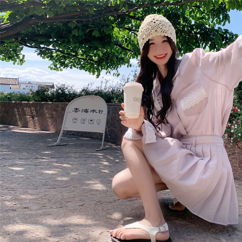 新款韩版蕾丝拼接防晒衬衫+百褶裙套装C258-2610-P155K218v,女装套装/套裙,2C258