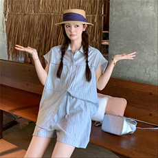 活泼减龄条纹短袖衬衫套装女2025年夏季新款小个子休闲短裤两件套，女装套装/套裙，2C135
