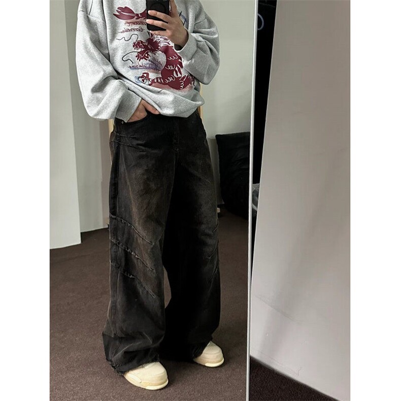 D6229-P65新款美式做旧擦脏废土风牛仔裤男宽松休闲裤-网图现货图片