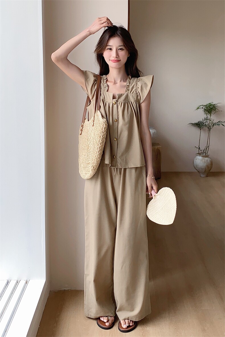 卡其色时尚棉麻连衣裙套装女夏新款学院风减龄小飞袖半身裙两件套，女装运动套装，浙宝285（原212）