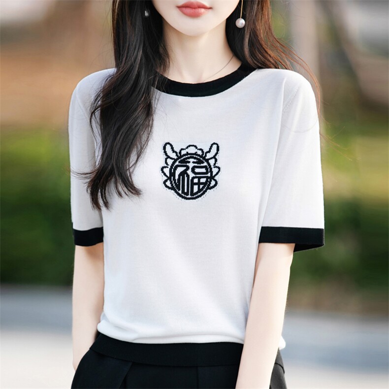 天丝福字拼色圆领短袖,女装T恤,暖娇绒包芯纱店
