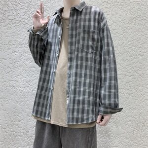 港风秋季小清新外穿长袖衬衫男 百搭休闲格子衬衣外套CS22/P45图片