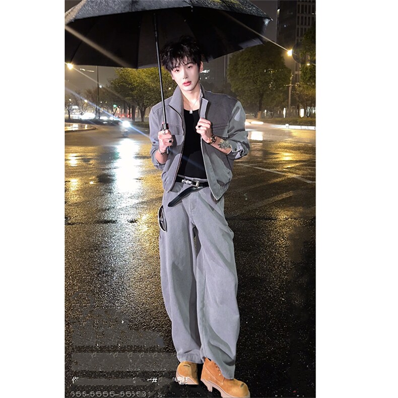复古工装立领夹克阔腿裤套装男TZ338上衣W338-125裤子K338-88网图图片