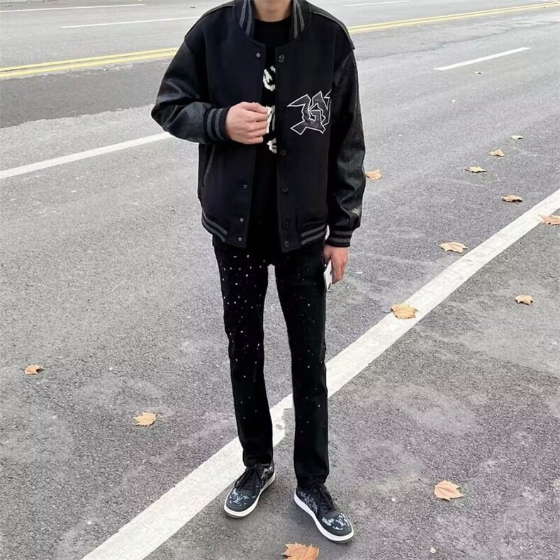 W9450-P45网图现货新款烫钻满天星牛仔裤ins精神小伙直筒修身裤,男装牛仔裤,星座1608-2