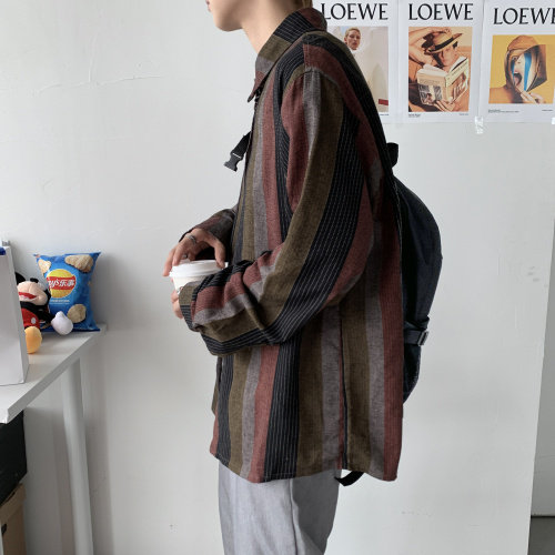秋冬大码中性风情侣条纹宽松衬衫港风日系潮棉麻上衣外套C41/P65,男装衬衫,电商A221A