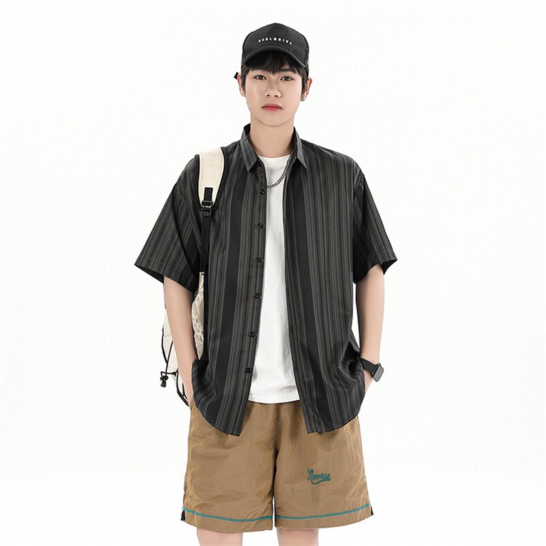 花衬衫男短袖夏季条纹休闲上衣服外套翻领大码衬衣A012/863P35,男装衬衫,电商A012