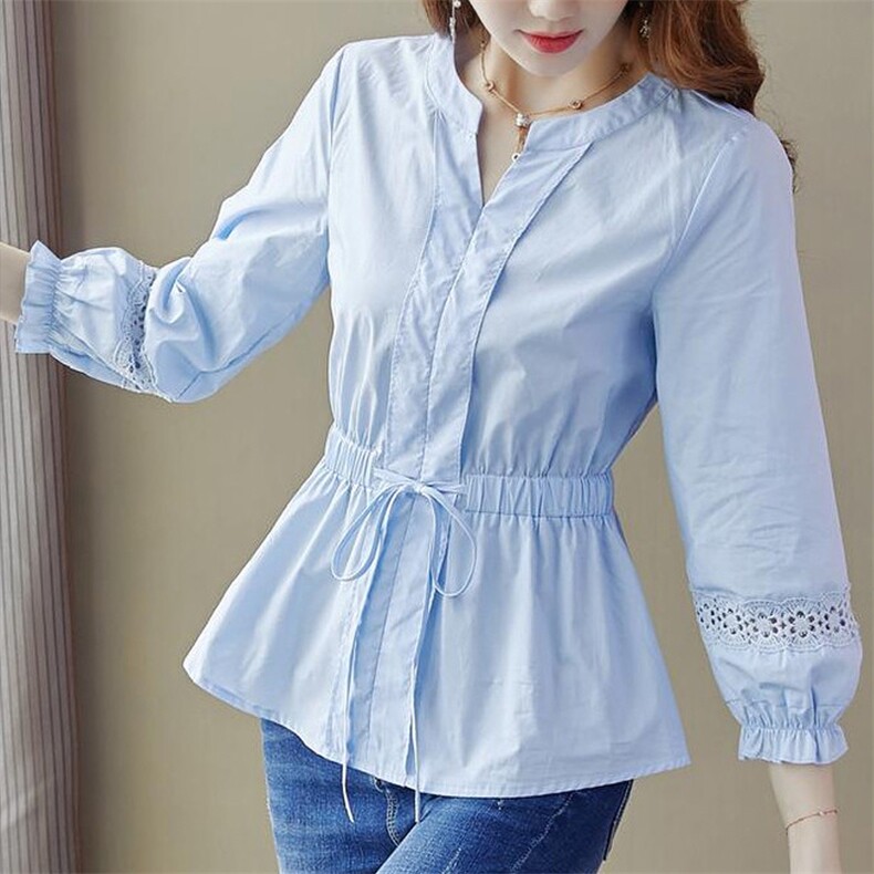 韩版休闲上衣新款时尚简约气质花边拼接收腰衬衫，女装衬衫，美吧服饰