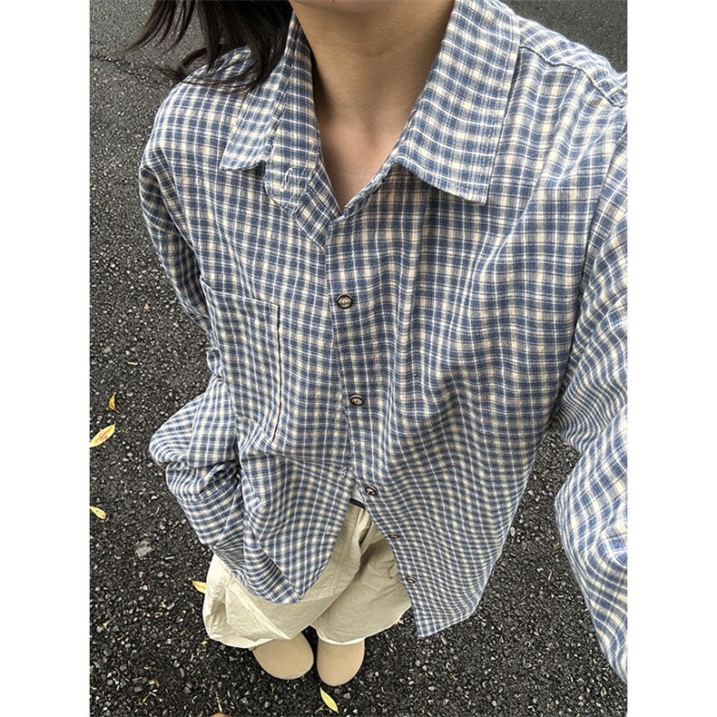 长袖衬衣男夏季新品港风宽松大码青年蓝色格子衬衫CS279-P40,男装衬衫,星座301C-5