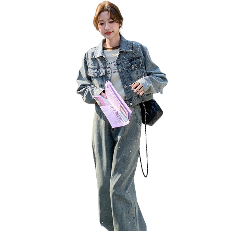 重工烫钻牛仔外套阔腿裤套装两件套时尚2025春季新款女装又a又飒,女装套装/套裙,2C253