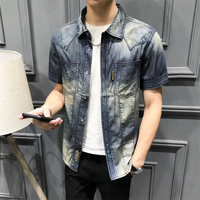 19春夏季欧美潮流复古式翻领牛仔衬衣品质短袖衬衫DX0127P85,男装衬衫,钱塘730-1
