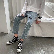 破洞f牛仔裤男宽松九分裤男士韩版潮流修身休闲百搭帅气9023-p35图片