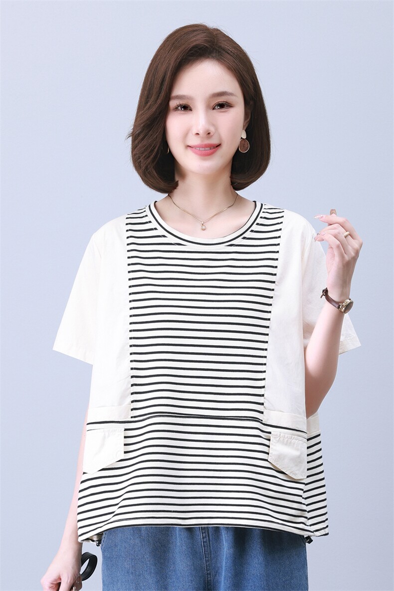 时尚宽松拼接条纹短袖T恤女夏季新款韩版百搭显瘦休闲上衣,女装衬衫,叶笙衣