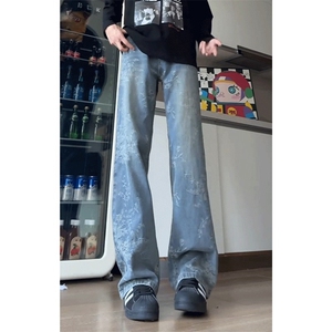 蓝色提花微喇牛仔裤男生ootd穿搭裤子美式高街vibe风格显瘦直筒裤图片