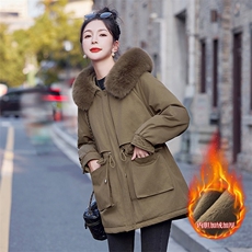 大毛领连帽加绒派克棉服女2024冬新款休闲收腰中长款保暖棉衣棉袄，女装棉衣/棉服，以桐