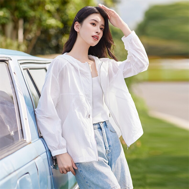 【现货】白色连帽防晒服女2024夏季清薄纯色凉感外套,女装防晒衣,梦懿尔