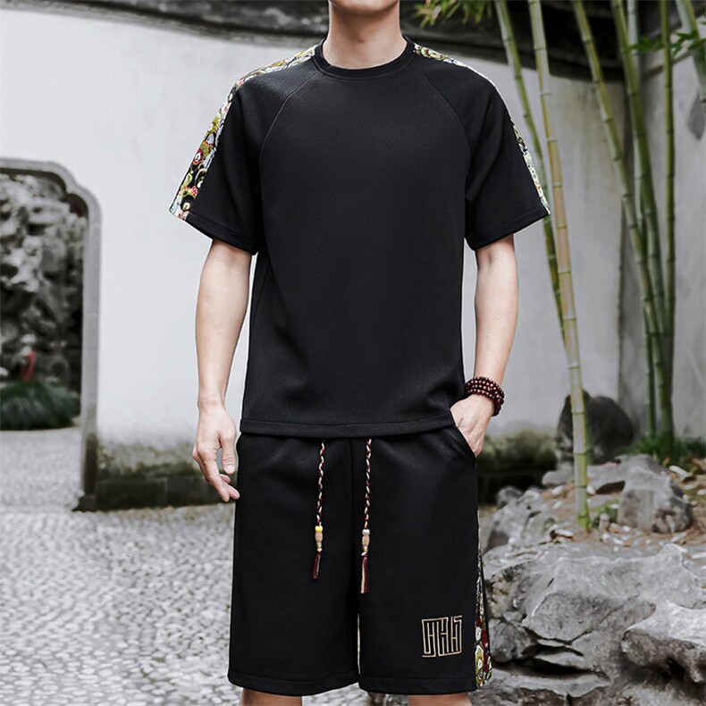 男士休闲运动套装男刺绣拼接T恤短裤两件套青年A266-TZ9907-P47,男装牛仔裤,电商A266
