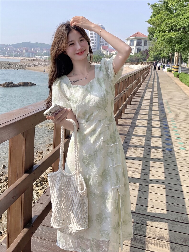 新中式给g风盘扣印花收腰连衣裙,女装连衣裙,采品优优