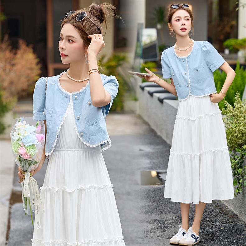 时尚蕾丝花边设计感短外套两件套2025夏季新款白色背心连衣裙套装，女装套装/套裙，慕依路