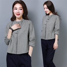 原创轻奢真值典雅文艺盘扣棉麻上衣短袖显瘦亚麻T恤民族风夏装，女装衬衫，奕阳依阁