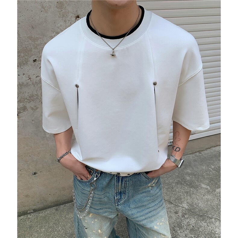 曼巴棉拼接撞色破缝解构铆钉设计感夏季短袖T恤男D424 特P30图片