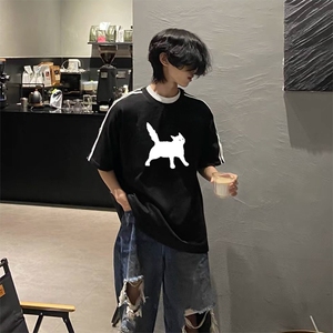 抖音得物高品质二开240克宽松纯棉美式潮牌三条杠织带短袖T恤,中学生胖妹妹穿搭夏季160斤以上图片