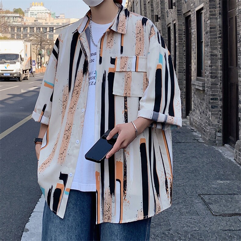 彩条短袖男潮牌潮流衬衫夏季男款五分袖冰丝花衬衣大码男装七分袖图片