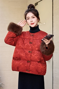 仿真狐狸毛冬装新款时尚新中式提花加厚羽绒服外套新标90白鸭绒图片