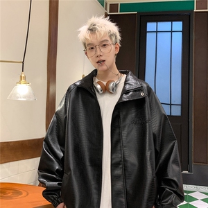 大码pu皮衣夹克钢印美式女复古oversize显瘦设计感情侣机车外套秋图片