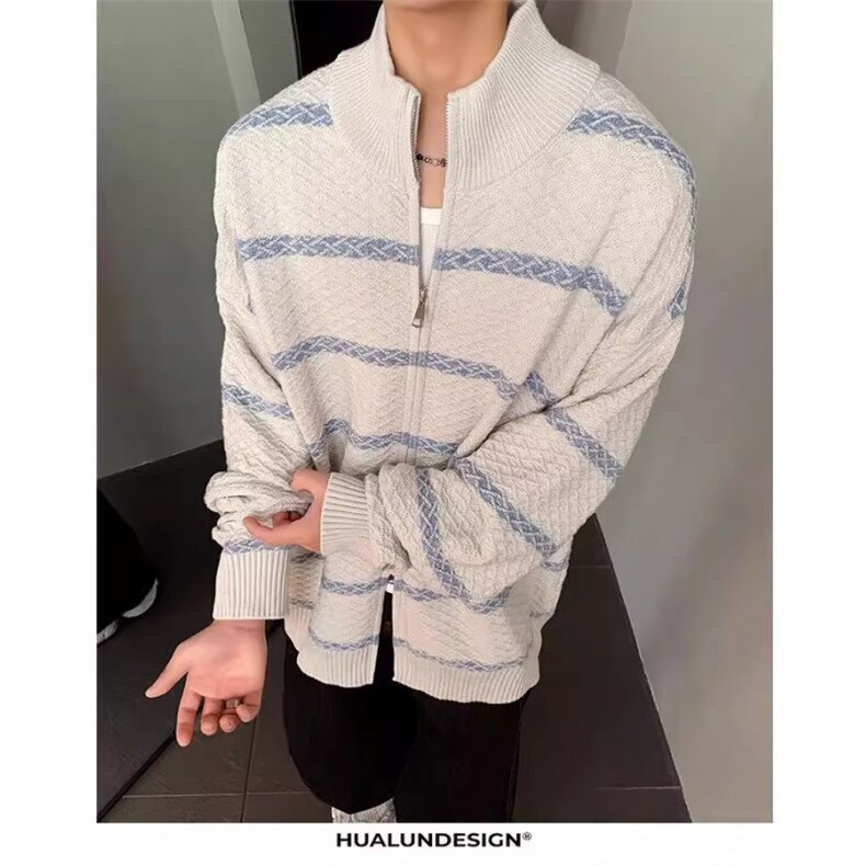 港风秋款男立领毛衣条纹开衫针织衫拉链外套线衣M5336P65,男装针织衫/毛衣,星座1013-1