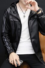 皮衣男士休闲外套韩版修身帅气青年春秋季机车服连帽皮夹克PY23，男装夹克，星座1508-3