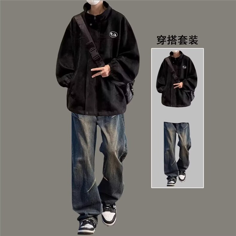 麂皮绒棉服外套男秋冬季潮牌加厚保暖立领工装夹克美式复古上衣服图片