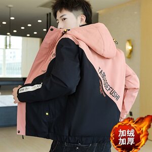 冬季斜拼棉服男模特加厚夹克风衣保暖外套工装棉衣粉867加绒图片