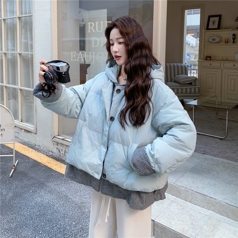 假两件蓝色连帽羽绒服女冬超火好看高级小众漂亮加厚面包服短外套,女装羽绒服,2C307