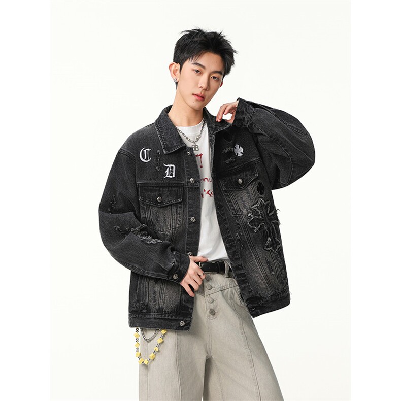 水洗牛仔外套男款春季美式痞帅上衣服宽松休闲工装夹克JK1319-P98,男装工装外套,星座1103-3