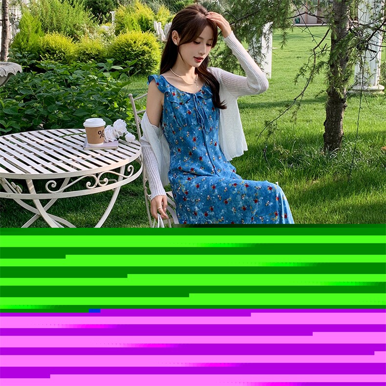 蓝色荷叶领碎花连衣裙女2025夏季新款韩系甜美修身显瘦吊带长裙潮,女装连衣裙,玖莱伊