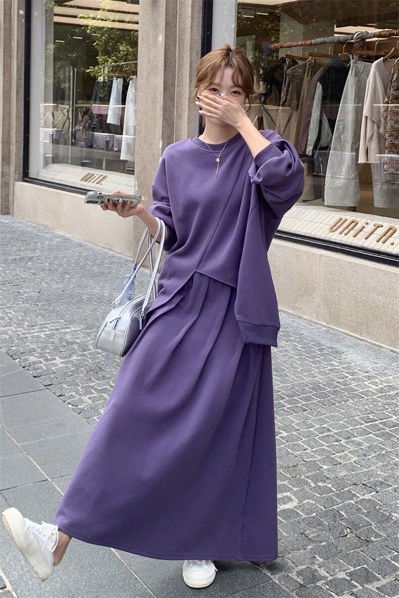 洋气炸街紫色卫衣套装裙女2024秋新款设计感小众上衣半身裙两件套,女装套装/套裙,2C305