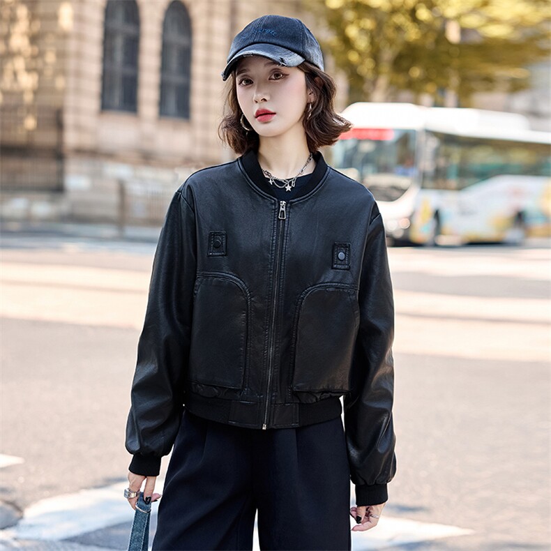 小个子皮衣外套女棒球服上衣春秋款时尚高级感港风复古显瘦皮夹克,女装皮衣,臻衣坊