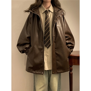 1中性风黄底连帽夹克女大码夹克男情侣皮衣女外套JK8744P90控128图片
