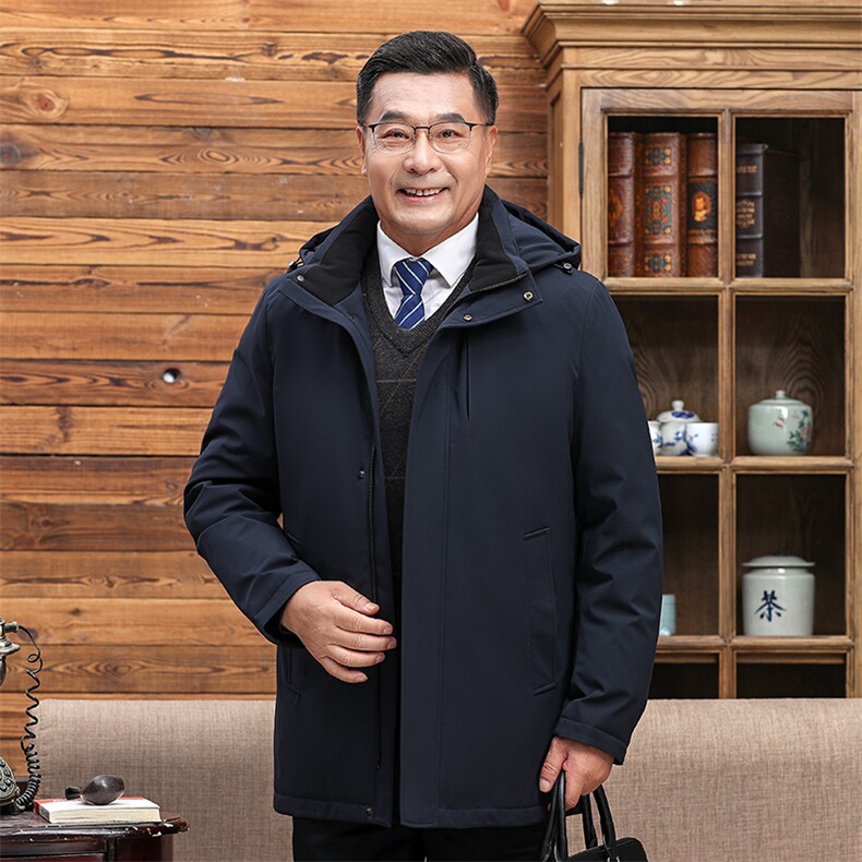 继续可拆卸帽内胆中老年羽绒服外套男中长款白鸭绒羽绒服大衣,男装羽绒服,钱塘723