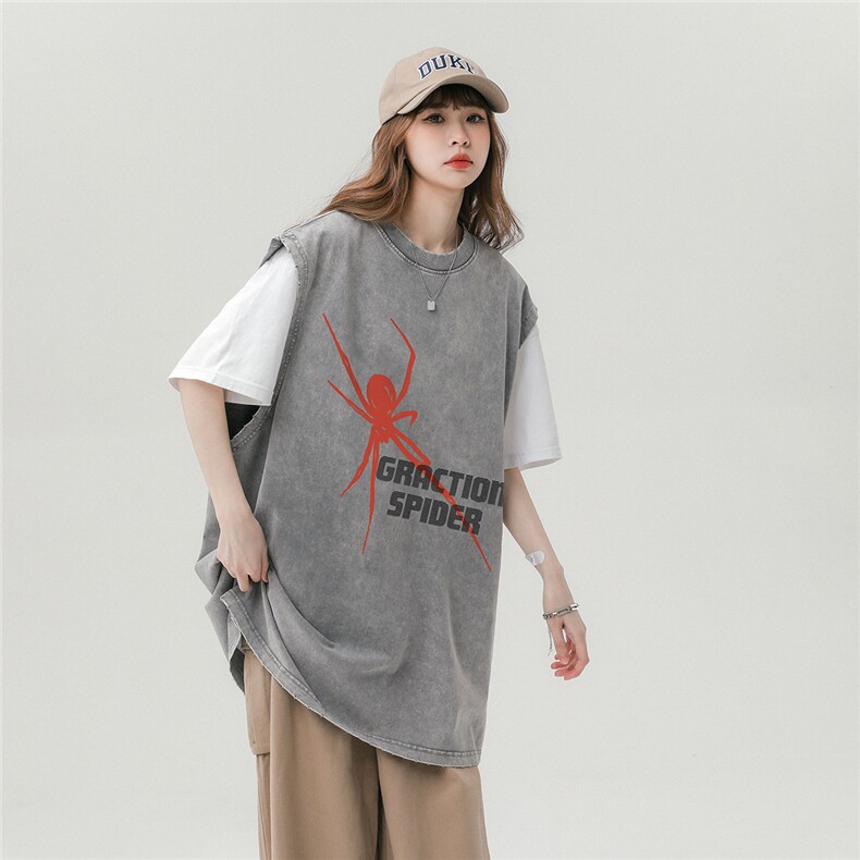 中性风23新款夏季时尚百搭无袖做旧水洗宽松短袖T恤DT260P45控68图片