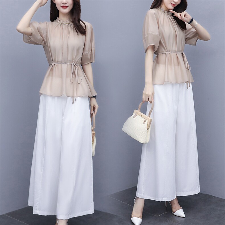 芷墨夏装新款时尚复古显示法式收腰上衣棉麻阔腿裤套装，女装套装/套裙，芷墨服饰