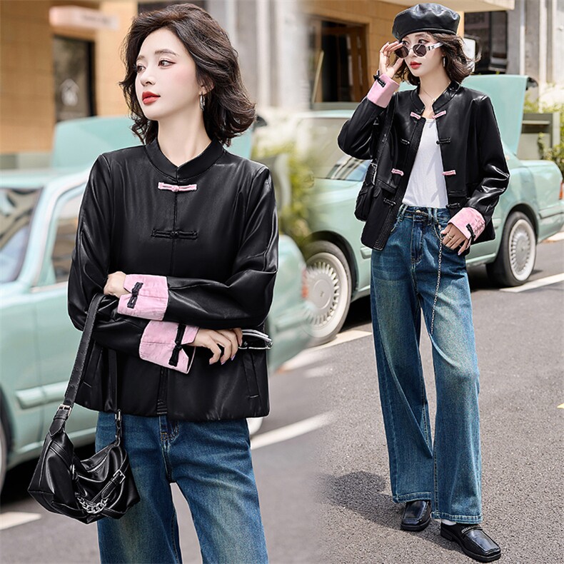 海宁盘扣皮衣外套女2025春季新款复古高级感气质短款黑色上衣服，女装皮衣，江南女神