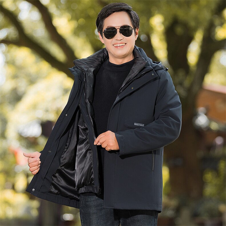 新款男士休闲冬装外套中老年羽绒服男中长款加厚连帽可脱卸内胆,男装羽绒服,钱塘6003（原4033）